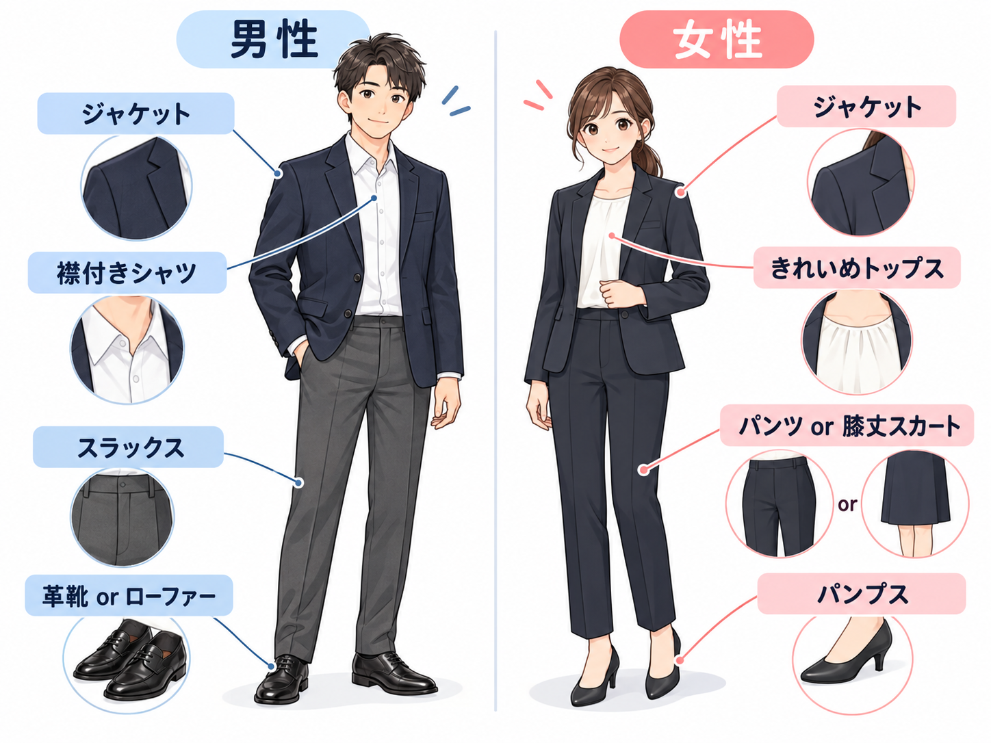 男性・女性のビジネスカジュアル比較イラスト:ジャケット・襟付きシャツ・スラックス・革靴(男性)、ジャケット・きれいめトップス・パンツorスカート・パンプス(女性)