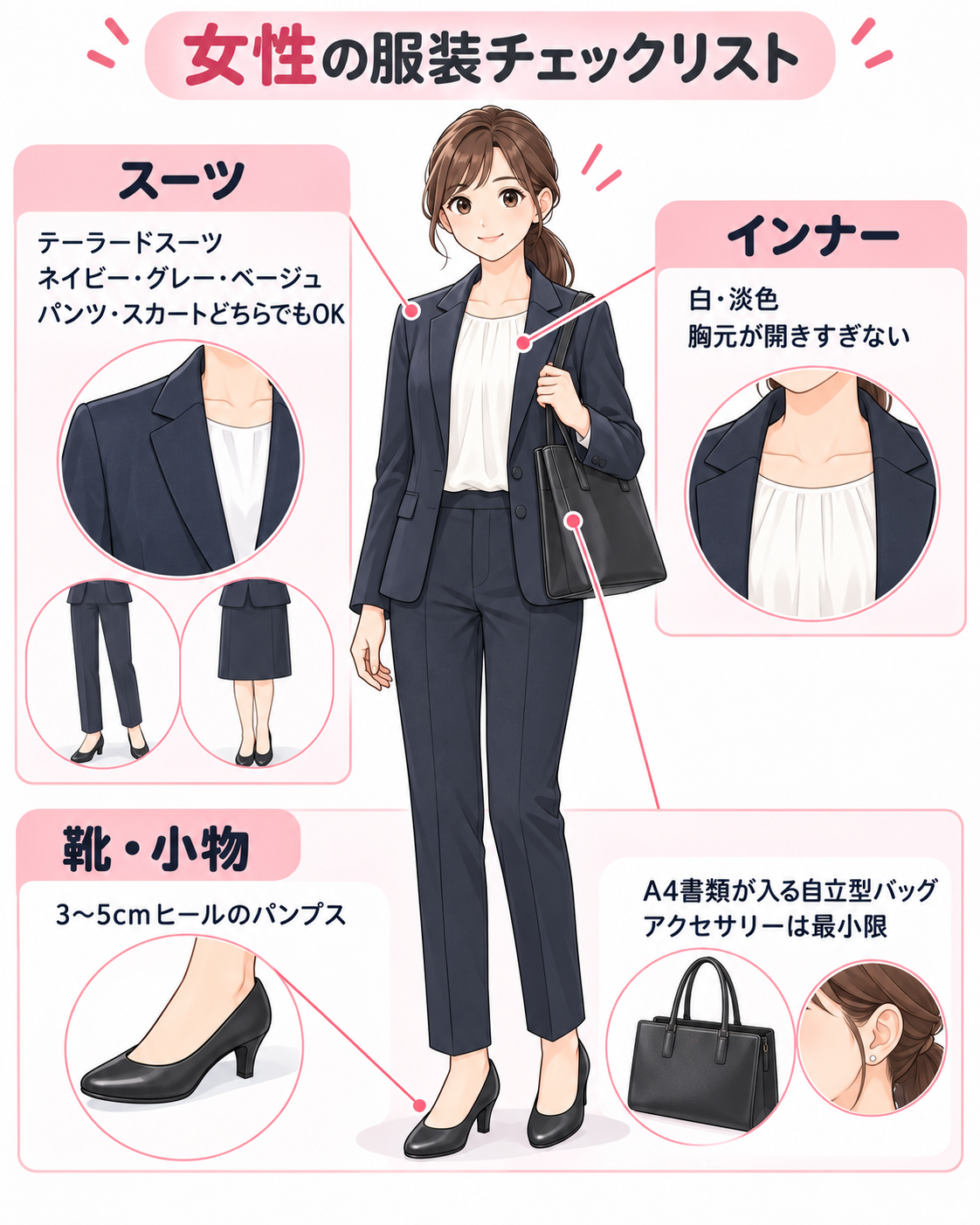 女性の服装チェックリスト:テーラードスーツ、白・淡色インナー、3〜5cmヒールのパンプス、A4書類が入る自立型バッグ
